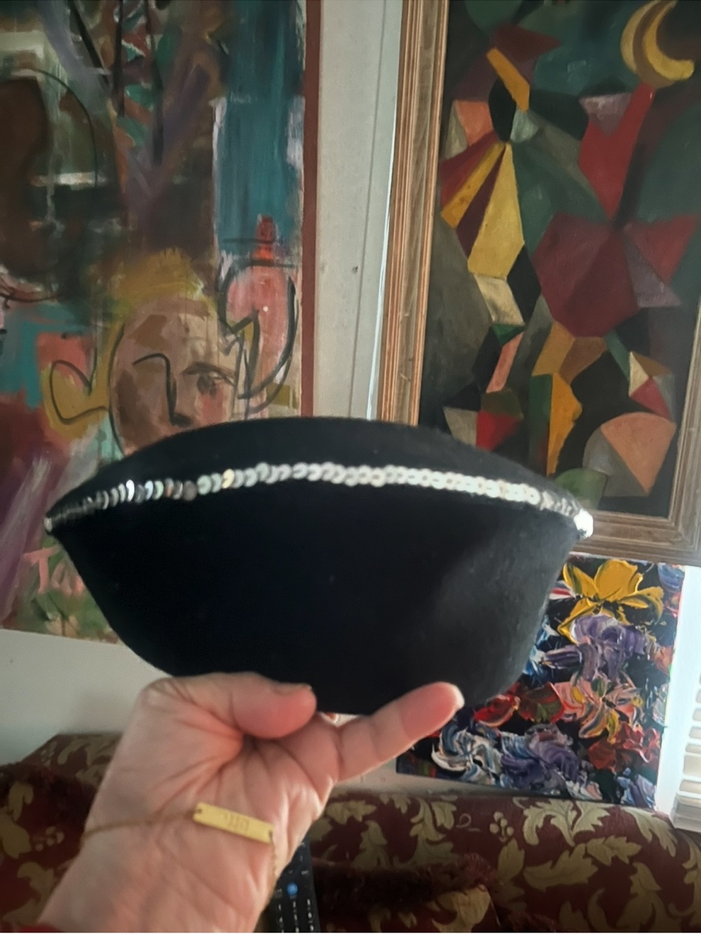 Black Wool Pillbox Hat with Silver Sequin Band